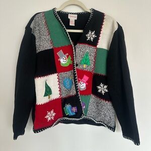Crystal-Kobe Patchwork Christmas Cardigan Size L Vintage EUC